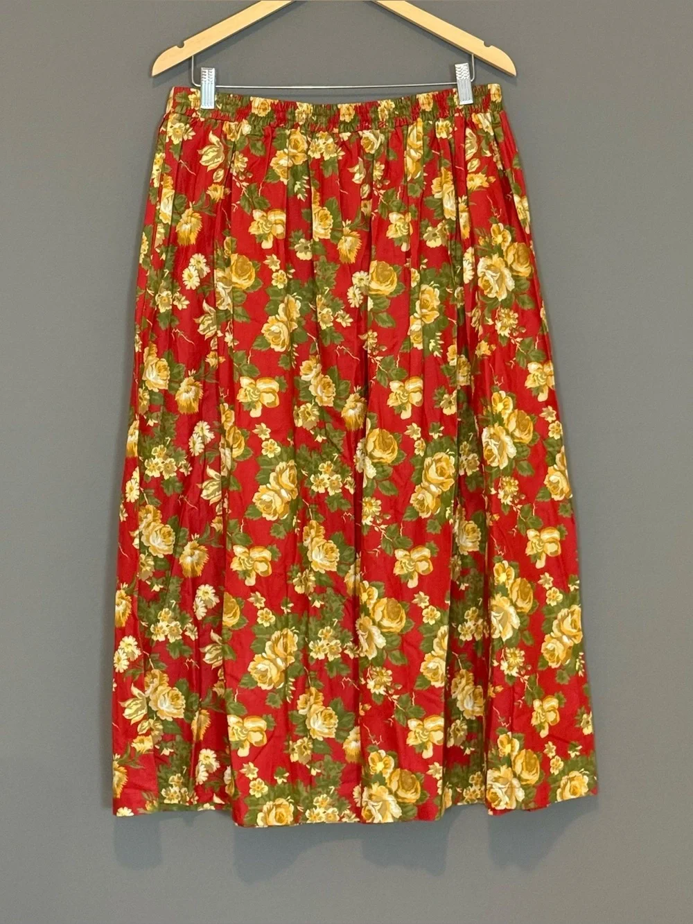 vtg 90s WITT Floral Midi Skirt Red Rose Print Cottagecore Prarie Boho Womens 16
